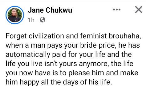 'When a man pays your bride price, he has automatically paid for your life' - Relationship counsellor, Jane Chukwu says