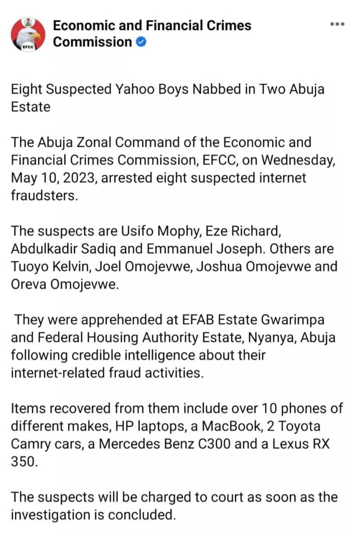 Mercedes Benz, Lexus SUV confiscated as EFCC arrest eight suspected Yahoo boys in two Abuja Estates (photos)