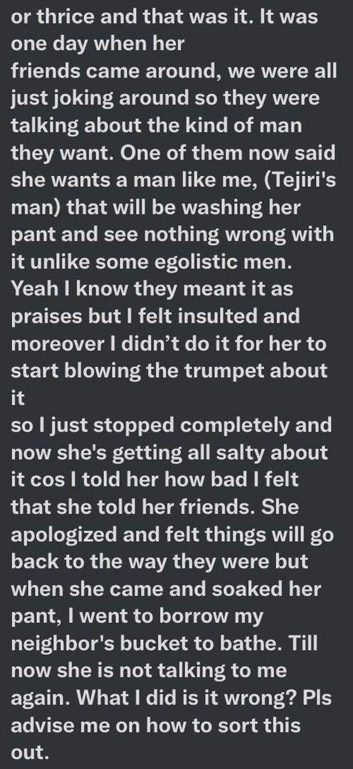Man laments after girlfriend bragged to friends on how he washes her pants