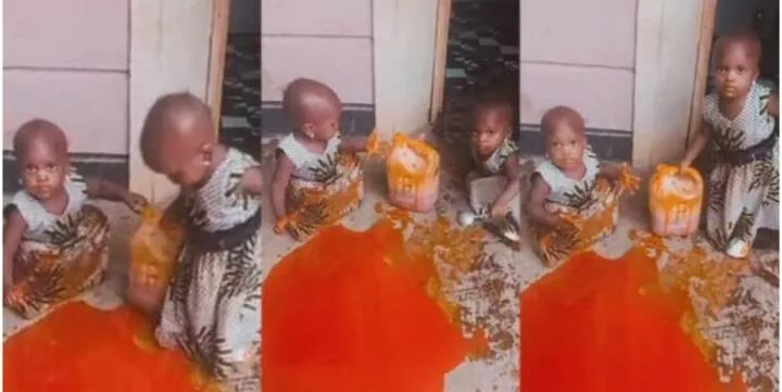 Twin babies turn their mum's expensive palm oil into a playful mess, leaves mother confused (Video)