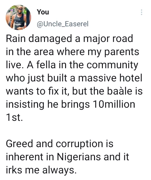 Baàle allegedly demands N10m from hotelier who wants to repair damaged road in a community
