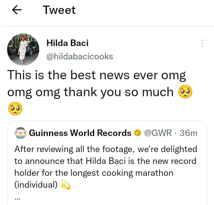 Hilda Baci reacts as Guinness World Records officially announces her as winner of longest cooking marathon