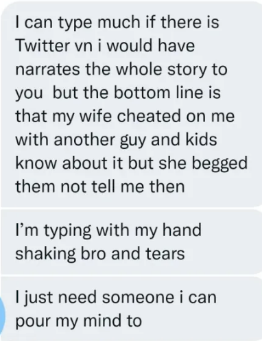 'I found out from my 14-year-old daughter that my wife has been cheating on me for 3 years' - Man bursts into tears; seeks advice