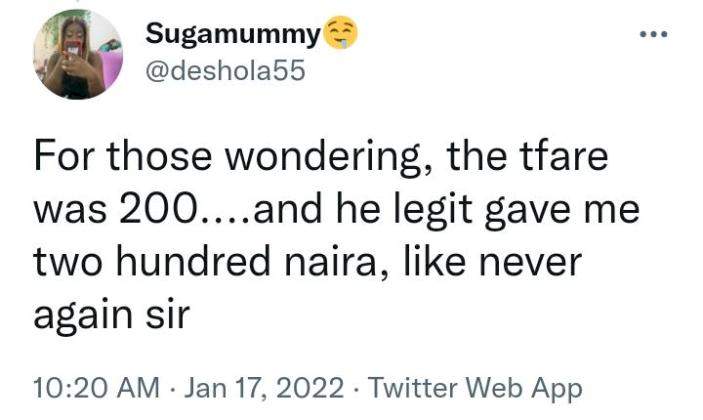 Lady narrates embarrasing experience after receiving N200 as transport fare from her date