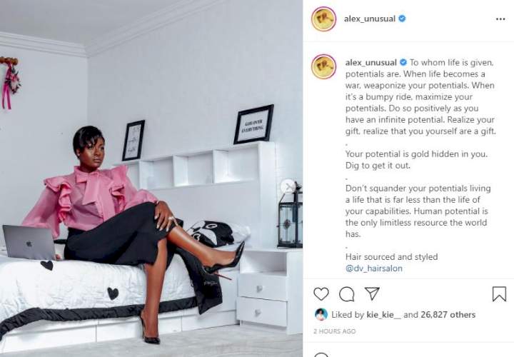 'Your potential is hidden in you, dig to get it out' - BBNaija star, Alex Unusual tells fans