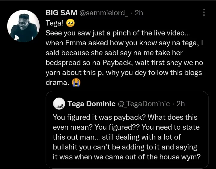 Tega confronts Sammie on Twitter after he accused her of stealing in BBN house, he reacts (Screenshots)