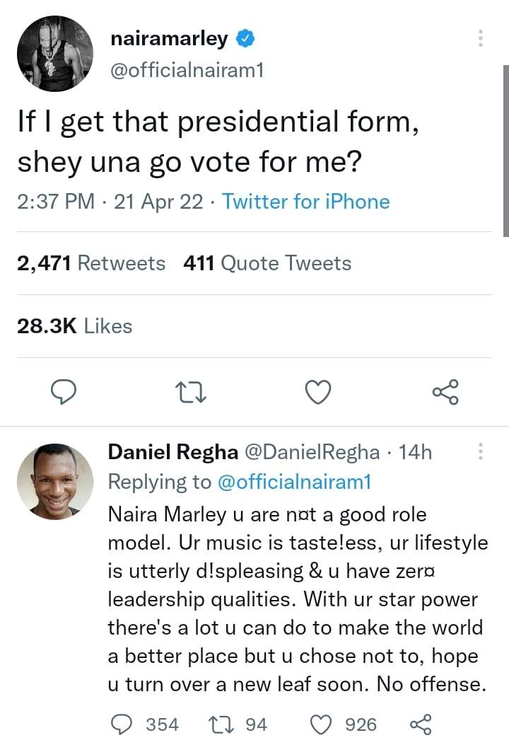 'You're not a good role model' - Twitter user drags Naira Marley after he asked fans if they'd vote for him if he picks APC N100M presidential form