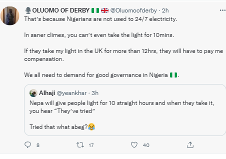 "If they take my light in the UK for more than 12hrs, they will have to pay me compensation" Nigerian man living in the UK claims