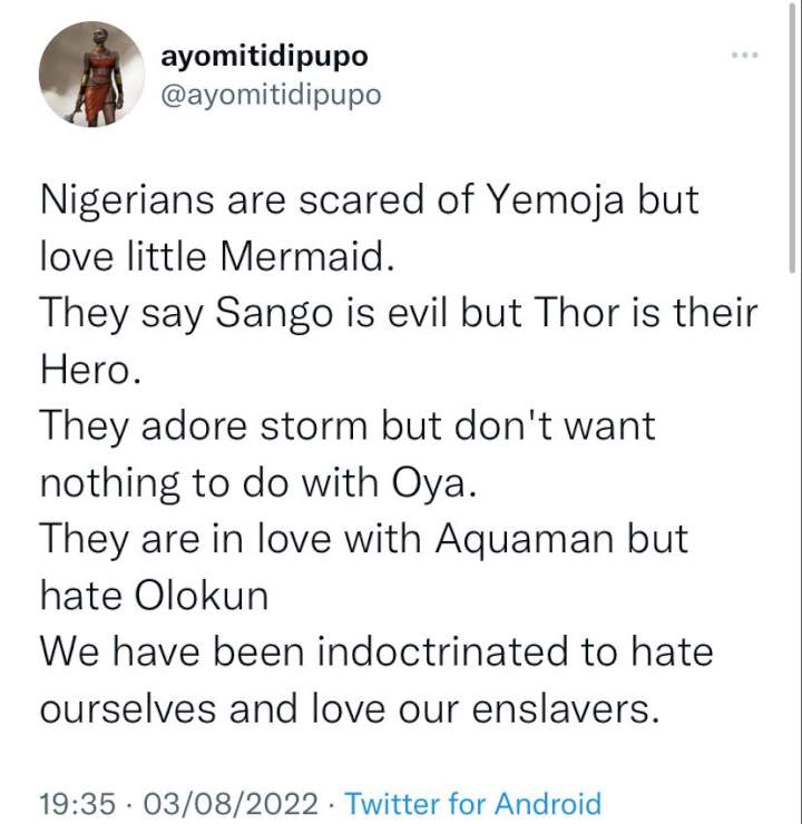A Twitter user sparks reactions after saying Nigerians are afraid of native gods but like their foreign counterpart