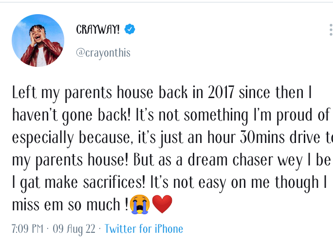 Nigerian singer, Crayon, under fire after revealing why he hasn't visited his parents in 5 years