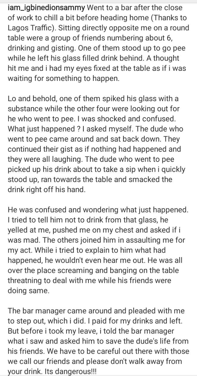 Man narrates encounter with a group of friends who poisoned their friend's drink after he left to pee