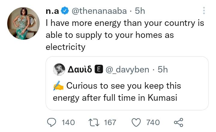 'I have more energy than your country is able to supply' - Ghanaian OAP, Nana Aba blasts the living daylight out of a Nigerian troll
