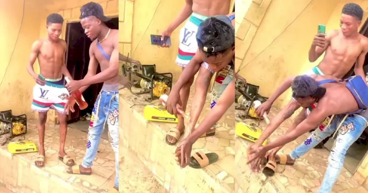 "Trenches riches, how much he collect sef?" - Nigerians react to video of young man washing his mate's feet with a bottle of wine (WATCH)