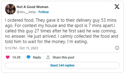 'I called this guy 21 times' - Lady shares how she taught delivery guy who brought her food late a lesson