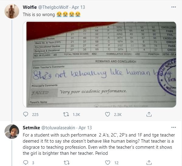 'She is not behaving like a human being' - Teacher comments on student's report card