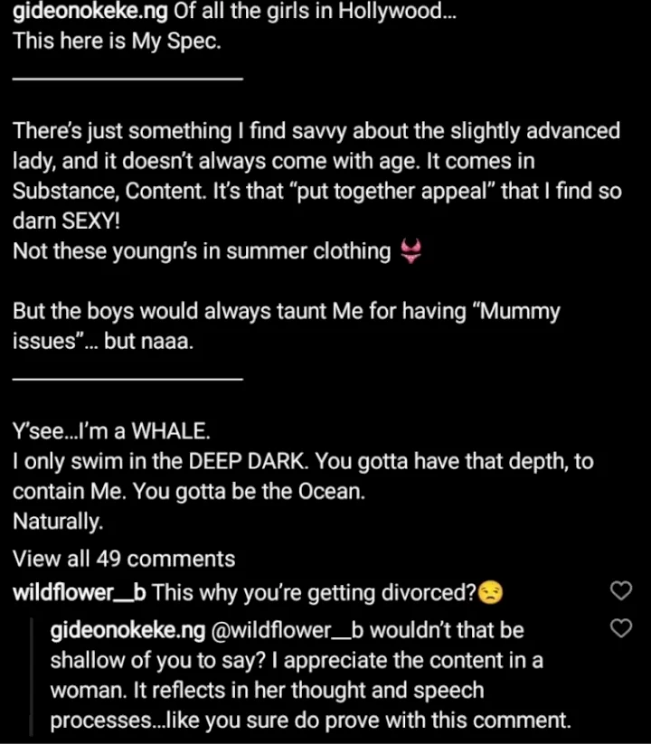 Gideon Okeke claps back at follower who attributes his divorce to American actress