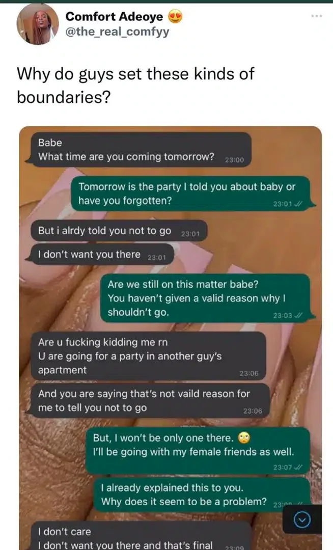 Lady fumes after being stopped by boyfriend from attending party at another man's house