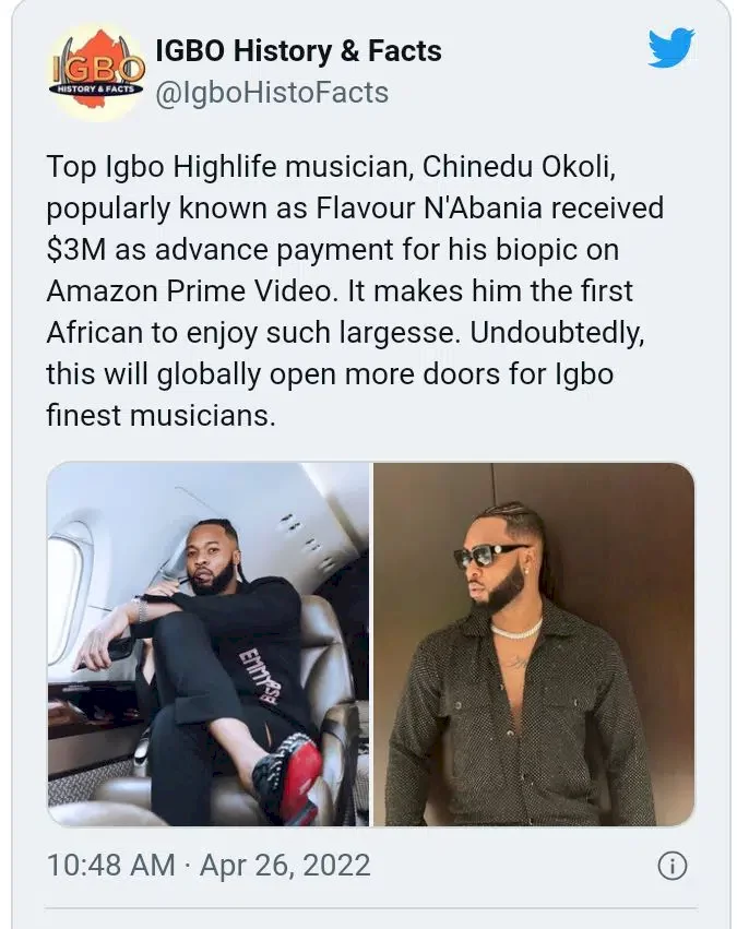 Flavour reportedly gets N1.2bn for his biopic on Amazon Prime; Nigerians react