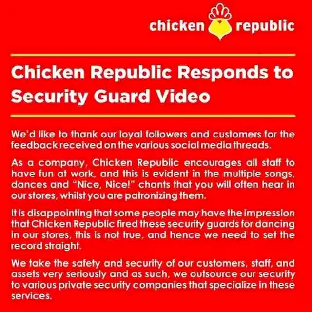 'The two security guards were not sacked, but sent out for retraining' - Chicken Republic claims