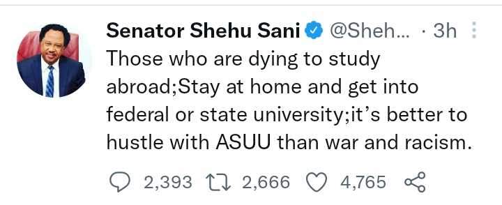 'It's better to hustle with ASUU than war and racism; stay at home and get into Fed and State Universities' - Shehu Sani tells those dying to go study overseas