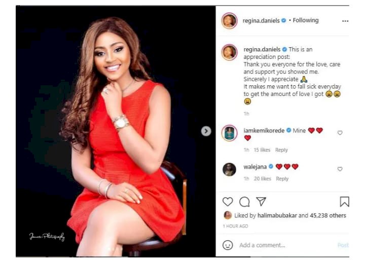 'Your love and care makes me want to fall sick every day' - Regina Daniels appreciates her fan after surgery
