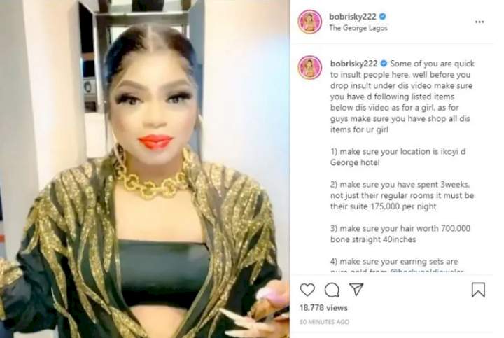 'Make sure your hair worth 700,000 bone straight 40 inches' - Bobrisky list items you must have before insulting him