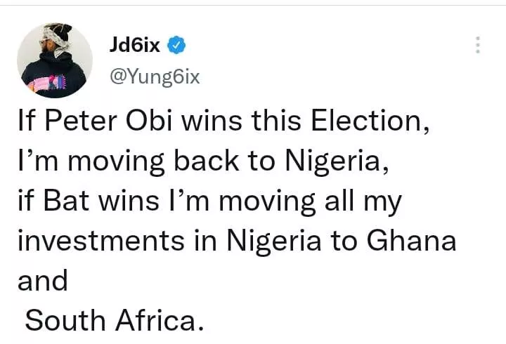 'If Peter Obi wins, I'm moving back to Nigeria' - Yung6ix