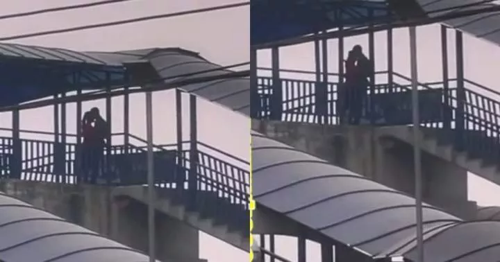 'Inside all this hardship?' - Reactions as 'Romeo and Juliet' are spotted displaying affection on pedestrian bridge (Video)