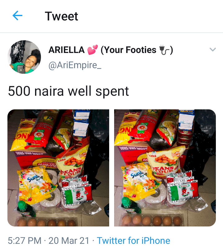 Lady shows off food items she purchased with just ₦500 (Photos)