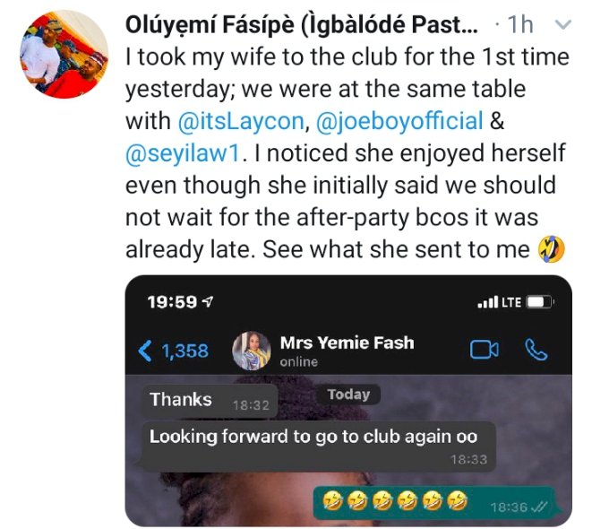 Man shares chat with his wife after taking her to club for the first time