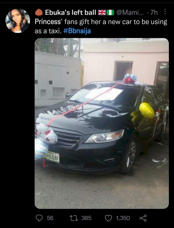 BBNaija: Big congratulations to Princess as fans gift her a car for her taxi business