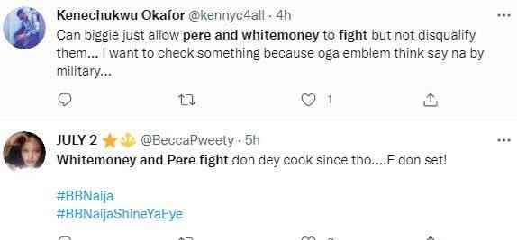 #BBNaija: 'I wish Biggie can allow them to fight without disqualification' - Reactions as Whitemoney and Pere fight dirty in the house