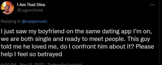 'I feel so betrayed' - Lady laments as she finds boyfriend on the same dating app as herself