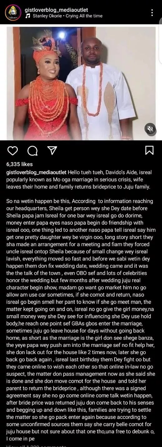 Israel DMW's marriage reportedly crashes as his wife leaves home, returns bride price