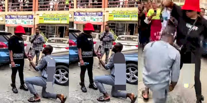 Moment lady rejects boyfriend's public proposal; pours water on him as she walks away [Video]