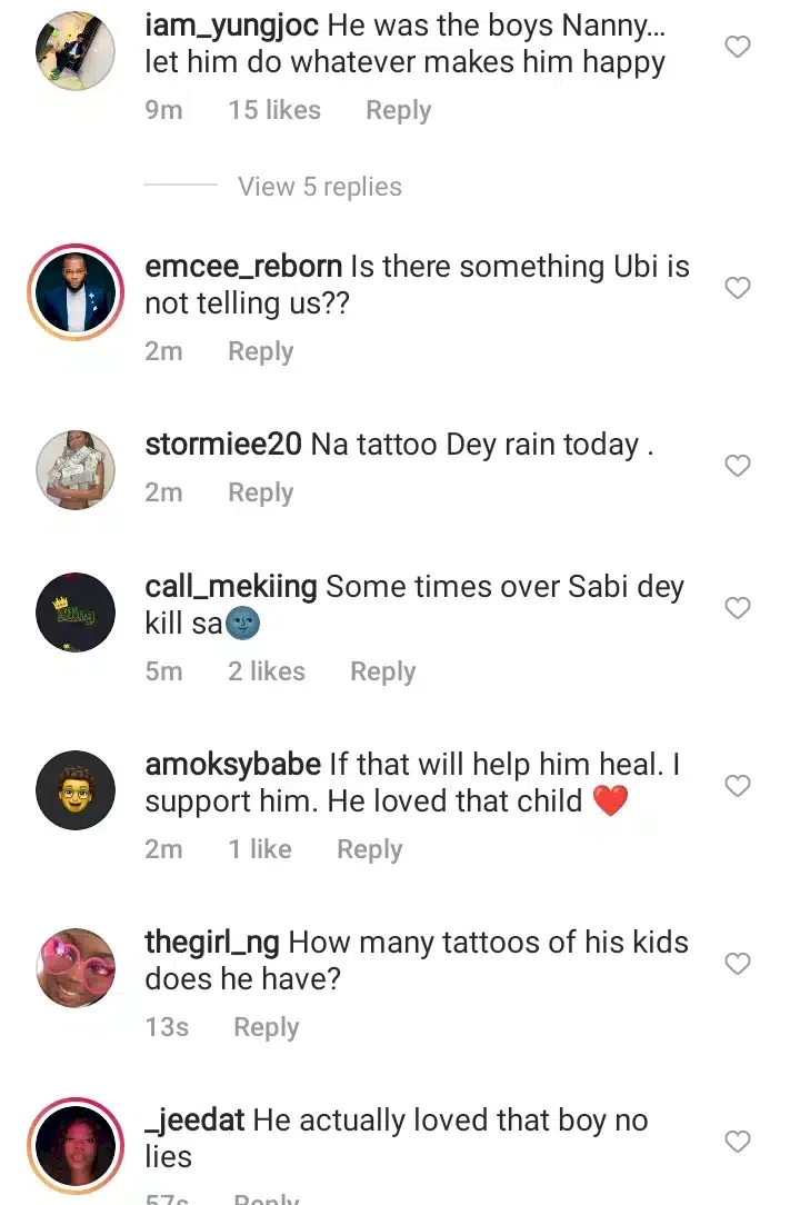 Mixed reactions as Ubi Franklin tattoos Davido's late son's nickname on his arm