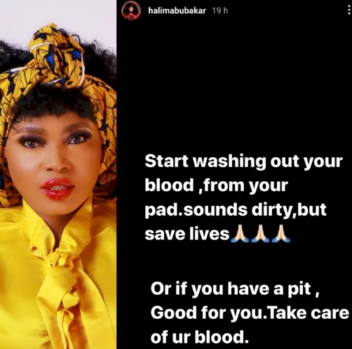 Start washing out your blood from your pad. It saves lives- actress Halima Abubakar advises ladies