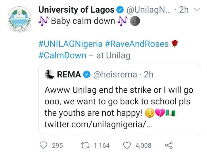 'Baby calm down' Unilag replies Rema after he complained about ASUU strike delaying him from resuming school