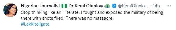 #EndSARS: 'Nobody died as a result of Lekki Tollgate shooting' - Journalist, Kemi Olunloyo says