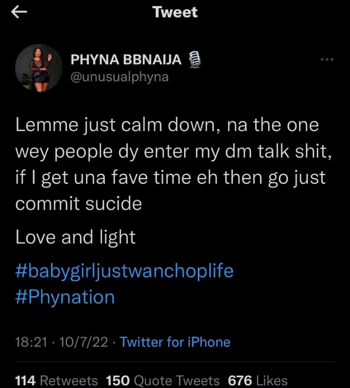 'What will happen If I have your fave's time'- BBN Phyna Says In Now Deleted Tweets (Screenshot)