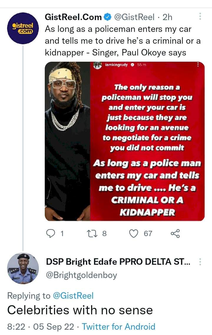'Celebrities with no sense' - Delta Police PRO wipes the floor with Paul Okoye over recent comment about his colleagues