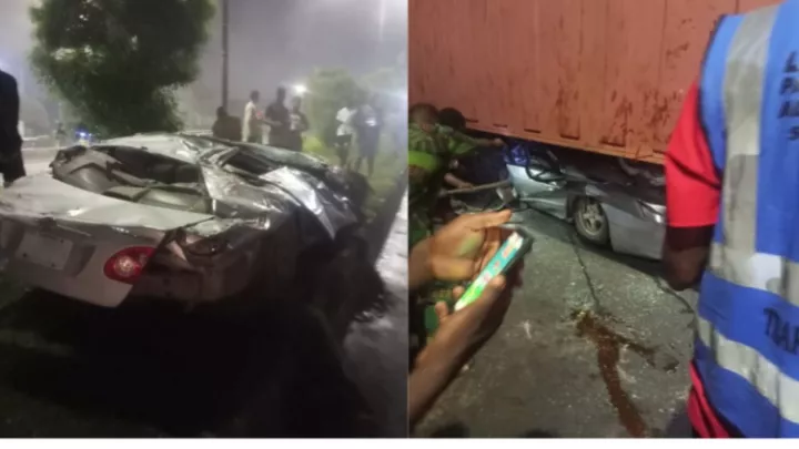 3 Escape Death As Container Falls On Vehicle In Lagos