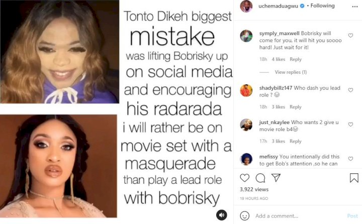 'I'll rather be on a movie set with a masquerade than play a lead role with Bobrisky' - Uche Maduagwu