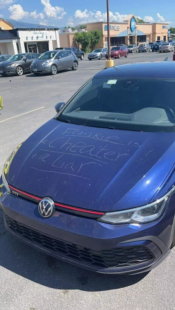 Man comes out from mall to see scratches on his car with inscription &#8216;Frankie is a cheater&#8217;