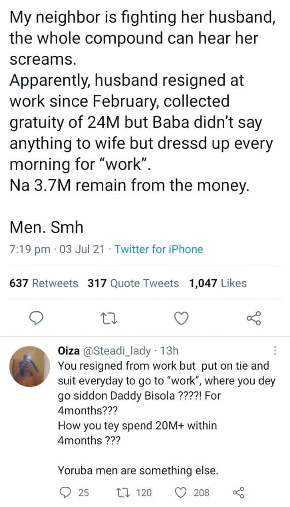 'My neighbor's husband resigned at work since February but didn't tell his wife he took gratuity of N24M' - Lady narrates