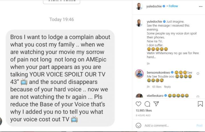 Yul Edochie reveals chat from fan blaming him for ruining their TV's audio with his deep voice