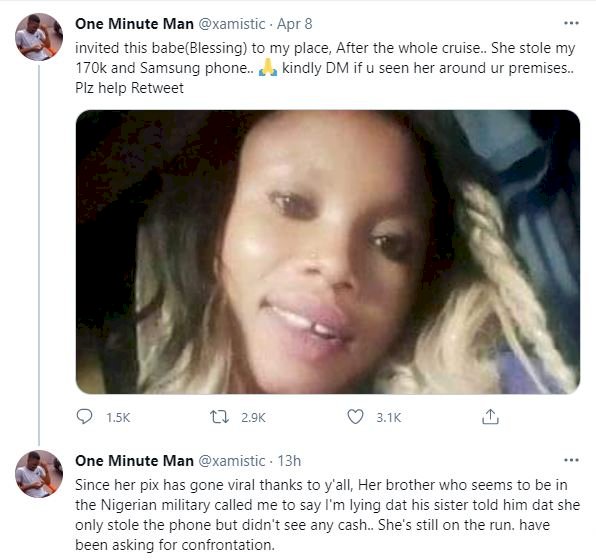 Man cries for help as babe steals N170K and phone after having a nice time together