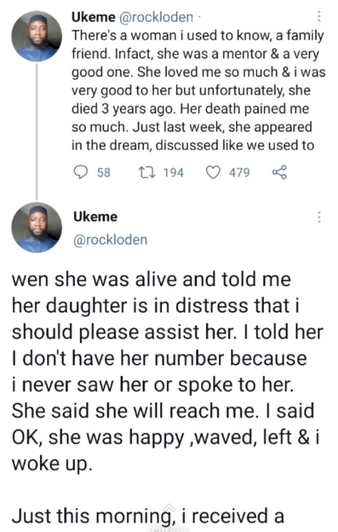 Man narrates experience with family friend who died three years ago