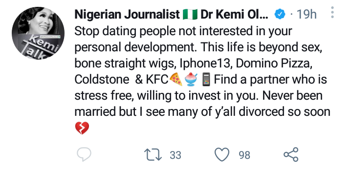 'Stop dating people who are not interested in your personal development' - Kemi Olunloyo advises