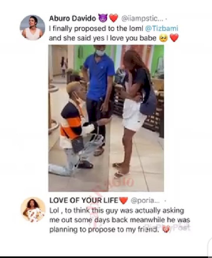 Lady shocked to see the man asking her out on a date a few days ago proposing marriage to her friend